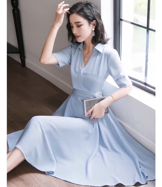 [HCM]Đầm xanh biển cổ bẻ (kèm hình thật)