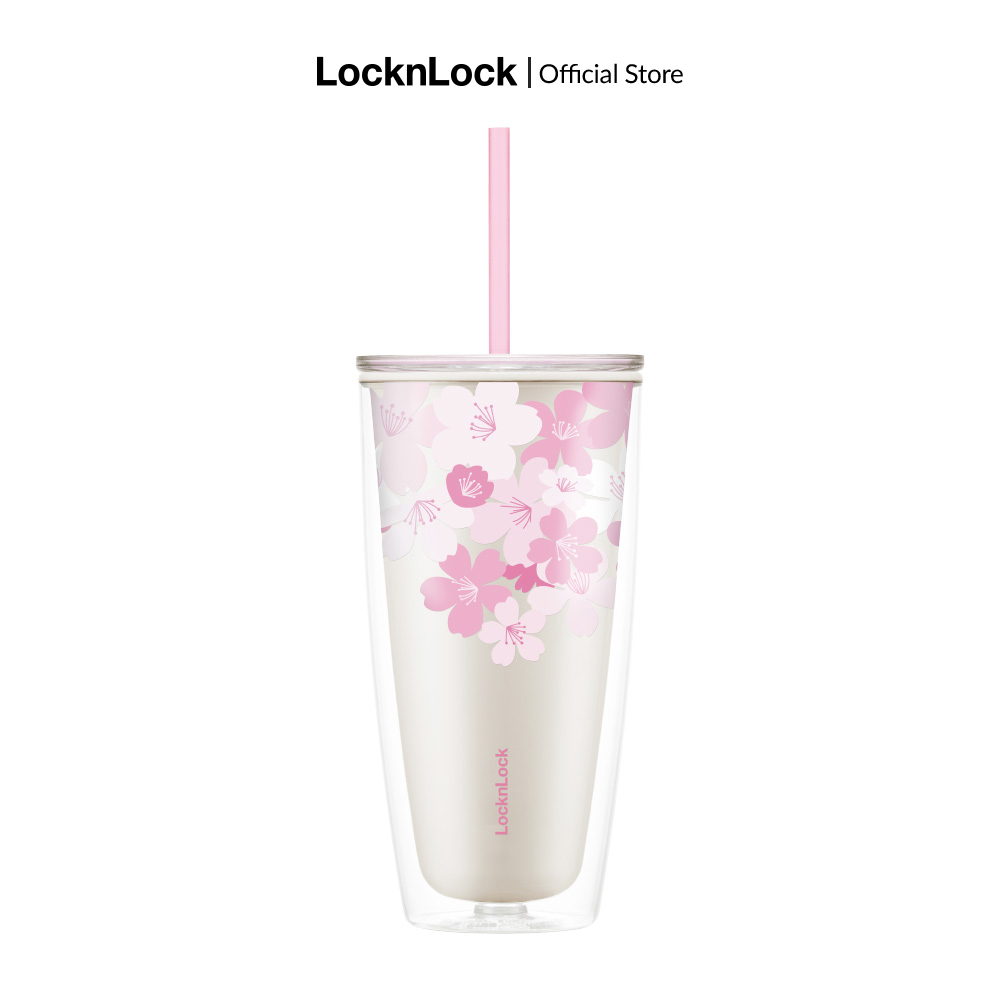 [Duy nhất 23.8 - Mua ngay] Ly nhựa 2 lớp hoa anh đào Lock&Lock Cherry Blossom HAP509 - 750ml - kèm ống hút - Màu trắng/hồng