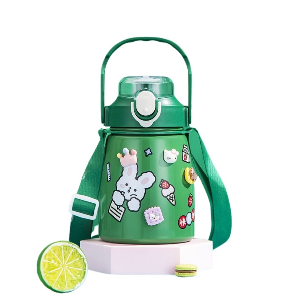 Bình nước giữ nhiệt cute có sticker và ống hút kiểu dáng dễ thương - Bình giữ nhiệt 800ml inox 304 có dây đeo