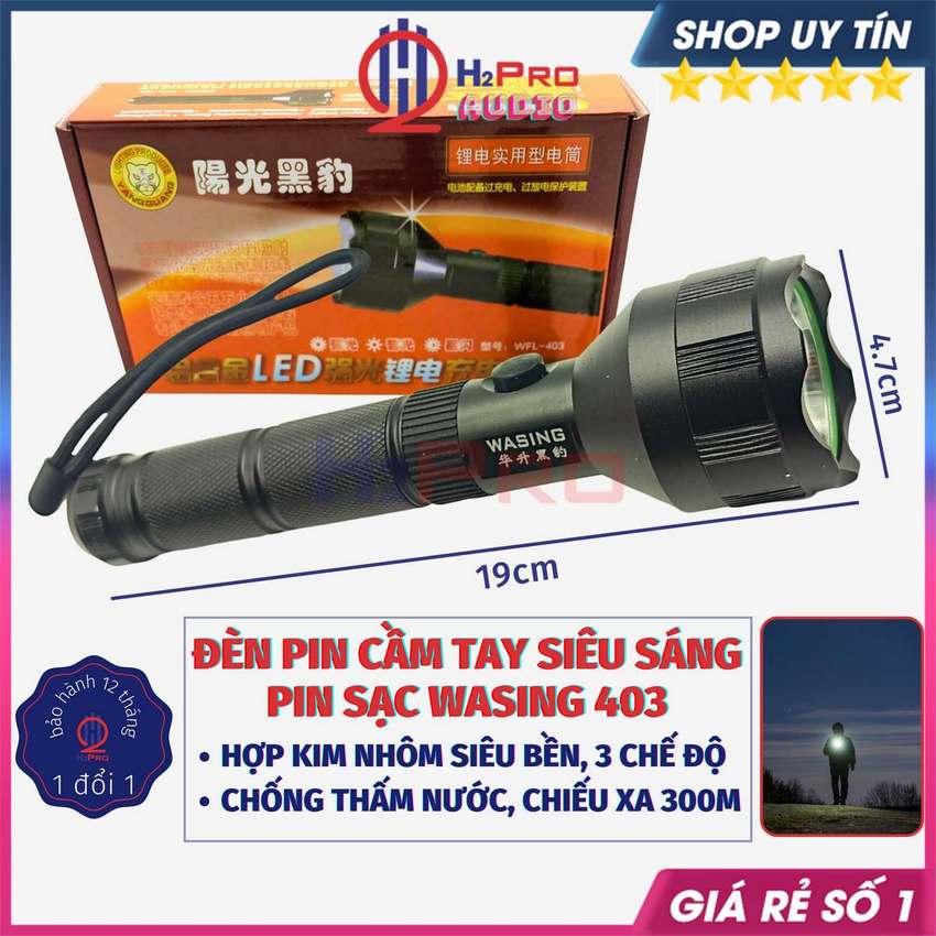 Đèn Pin Siêu Sáng Cầm Tay Wasing 403 2022 Led Trắng Chiếu Xa 300M, Chống Nước, Hợp Kim Nhôm Cứng, Pin Sạc - H2Pro Audio