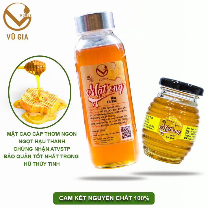 Mật Ong Hoa Cà Phê Nguyên Chất Bảo Lộc Vũ Gia (420gr/hũ) - Tặng mật ong hoa cỏ kim nguyên chất 100ml - Đã được kiểm nghiệm y tế