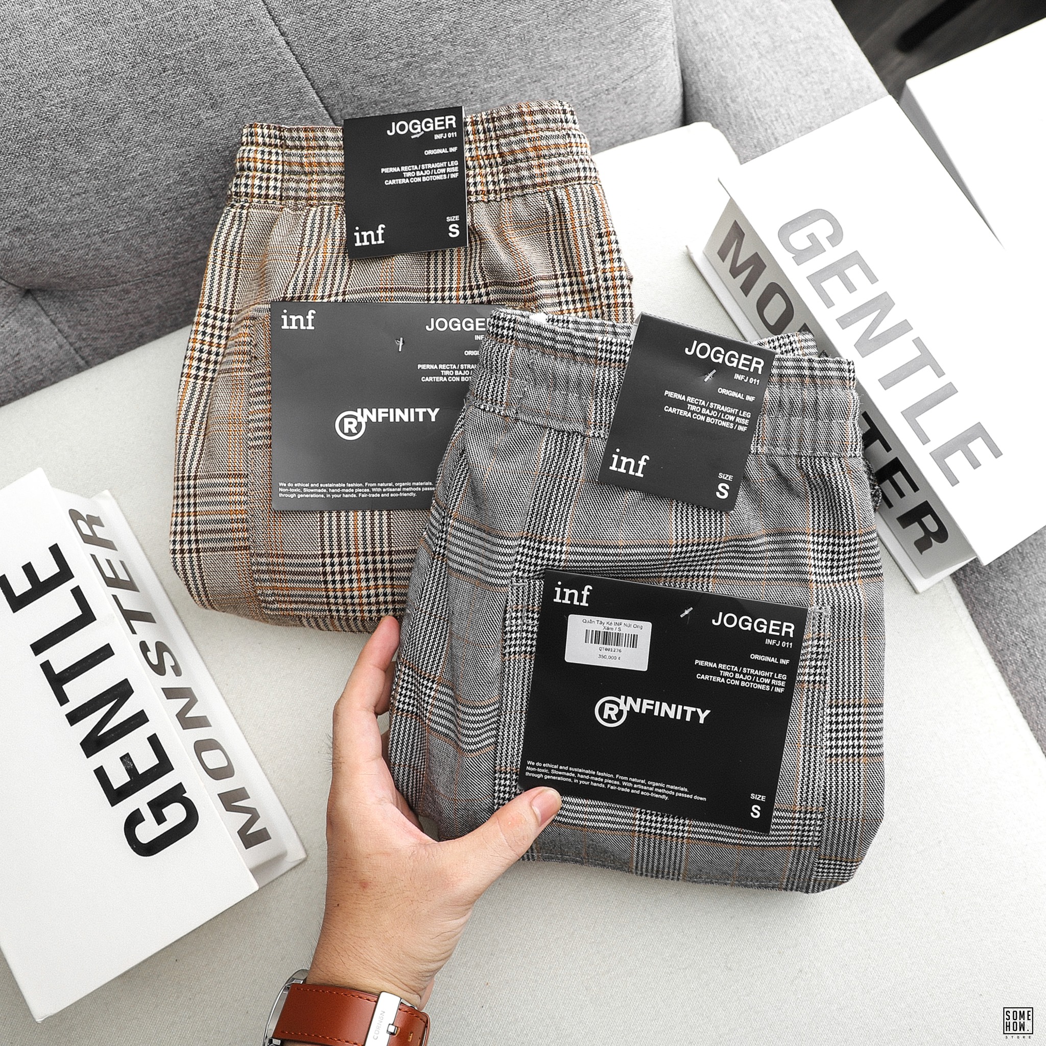 INF Jogger Kẻ Nút Ống Xám