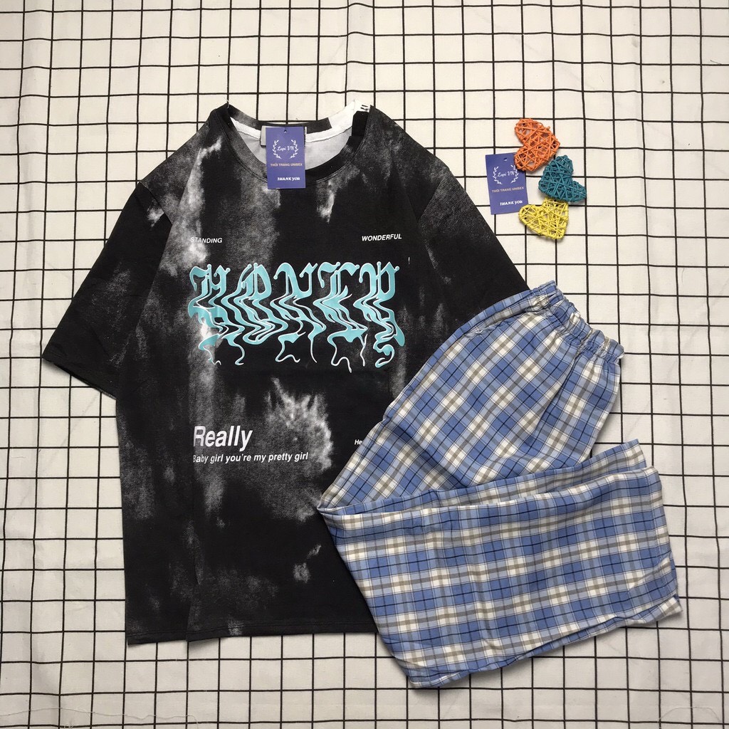 Đồ Bộ Dài Quần Caro Cạp Cao + Áo Loang Màu REALLY Cá Tính Đồ Bộ Đẹp Đồ Bộ Unisex Đồ Bộ Caro Hàn Quốc TTSLB0104