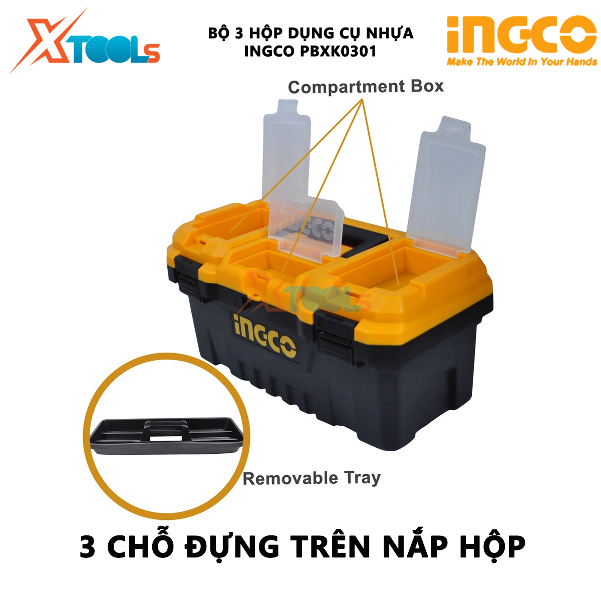 Bộ hộp đựng dụng cụ 3 cái bằng nhựa INGCO PBXK0301 | Bộ 3 thùng đựng đồ nghề hộp dụng cụ bằng nhựa 14”, 17”, 20” chất liệu polypropylene chứa các thiết bị, đồ nghề [CHÍNH HÃNG] [XTOOLs]