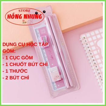 [ Sale Lớn] Bộ Combo Học Tập Xinh Xắn ( 2 Bút Chì, 1 Cục Gôm, 1 Thước, 1 Đồ Chuốt)