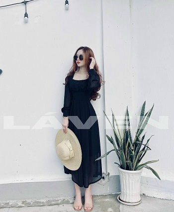 [HCM]Đầm Maxi Dài Tay Cổ Vuông Xếp Ly Có Mút Ngực Thời Trang