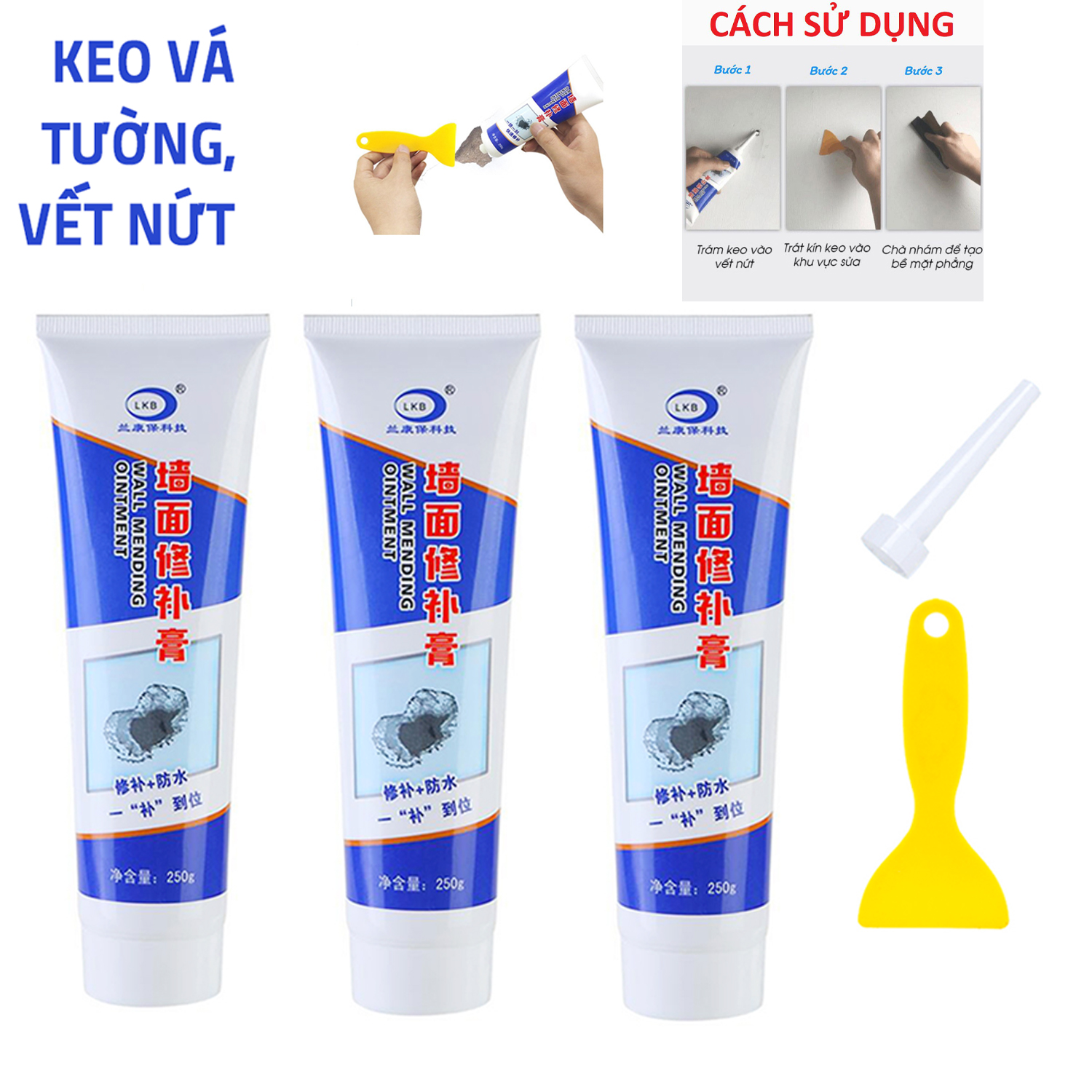 Keo vá tường đa năng phục hồi vết nứt, che vết bẩn, keo dán tường chống thấm, trám vết nứt tường siêu tốc phục hồi hư tổn nhanh chóng + full phụ kiện