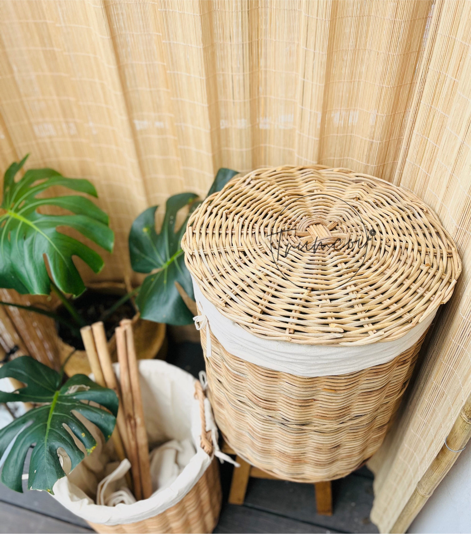 Sọt mây đựng đồ giặt có nắp (hình trụ tròn)