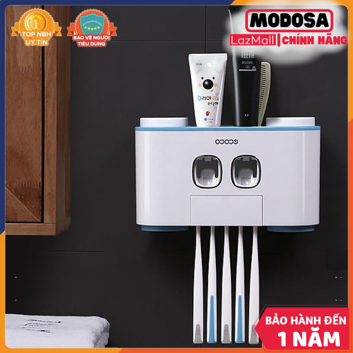 Bộ nhả kem đánh răng modosa ecoco kèm 4 cốc cao cấp kệ để đồ phòng tắm dính tường , khay đựng bàn chải đánh răng , bộ lấy kem đánh răng - bảo hành 1 đổi 1
