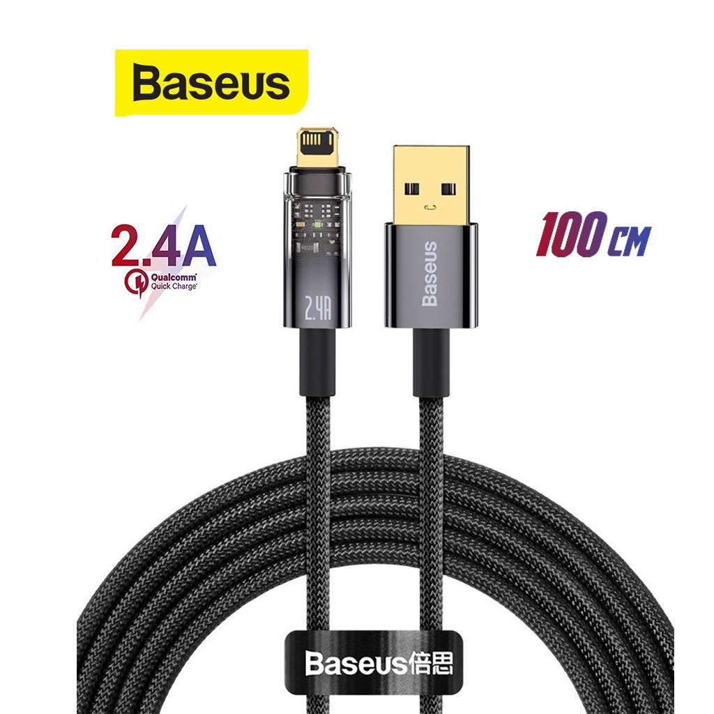 Cáp sạc 2.4A Baseus Explorer Series tự ngắt đèn Led dây dù siêu bền cho 6/7/8 dài 100CM ( Đen )