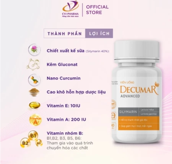 Viên uống thải độc giảm mụn Decumar Advanced thanh nhiệt, giảm mụn, điều tiết bã nhờn - Lọ 30 viên