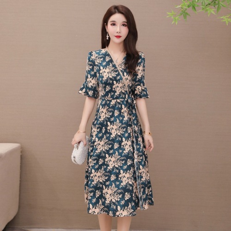 Kiểu Pháp Thích Hợp Cổ Chữ V Hoa Nhỏ Ngắn Tay Áo Đầm Nữ Mùa Hè Năm 2020 Mẫu Mới Khí Chất Bó Eo Tôn Dáng Váy Lửng