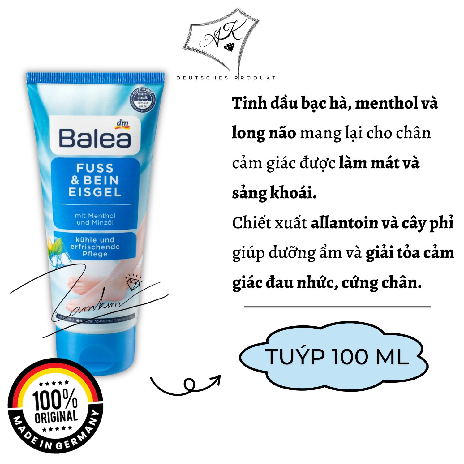 [ Hàng Đức ] Kem dưỡng da chân Balea tinh dầu bạc hà - 100ml