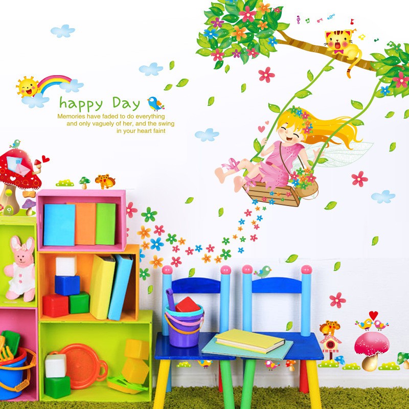 Decal dán tường cô gái ngồi xích đu