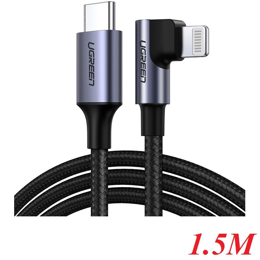 Ugreen 60764 1.5m đầu lightning bẻ 90 độ có chip mfi ra cáp usb type c màu đen us305
