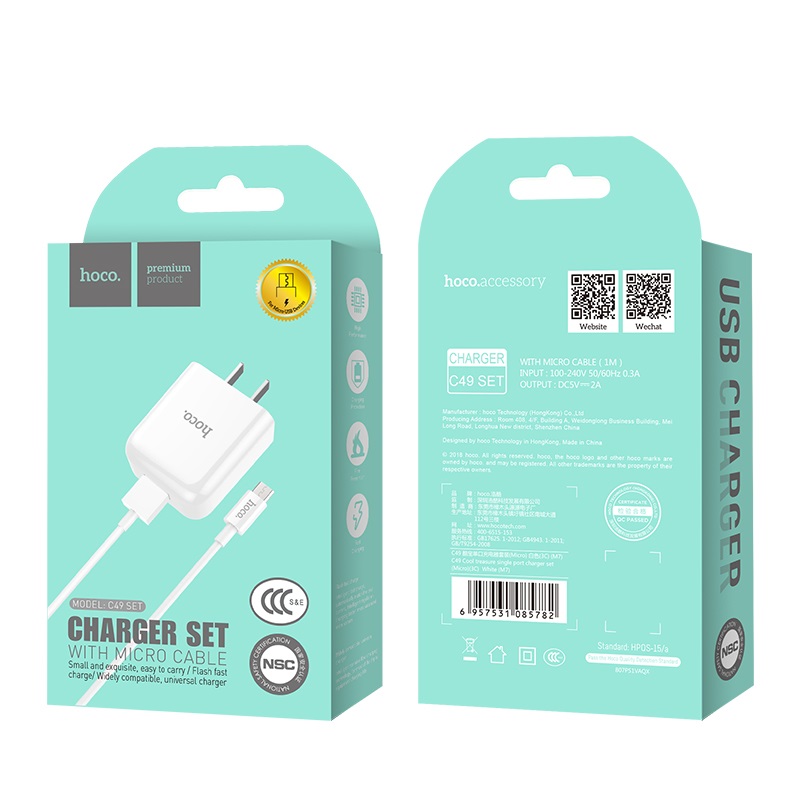 Bộ Cốc sạc và Cáp sạc Hoco C49 cổng Lightning / TypeC / Micro-USB tùy chọn Output max 2A (Trắng) - Hãng phân phối chính thức - Nhất Tín Computer
