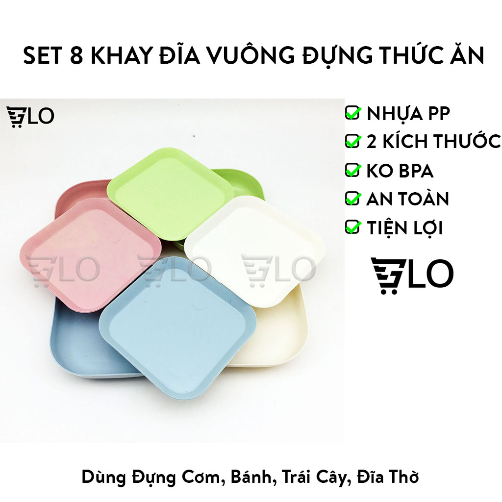 Set 8 khay đĩa vuông đựng thức ăn màu pastel gồm 2 cỡ chất liệu nhựa lúa mạch nhựa pp thực phẩm