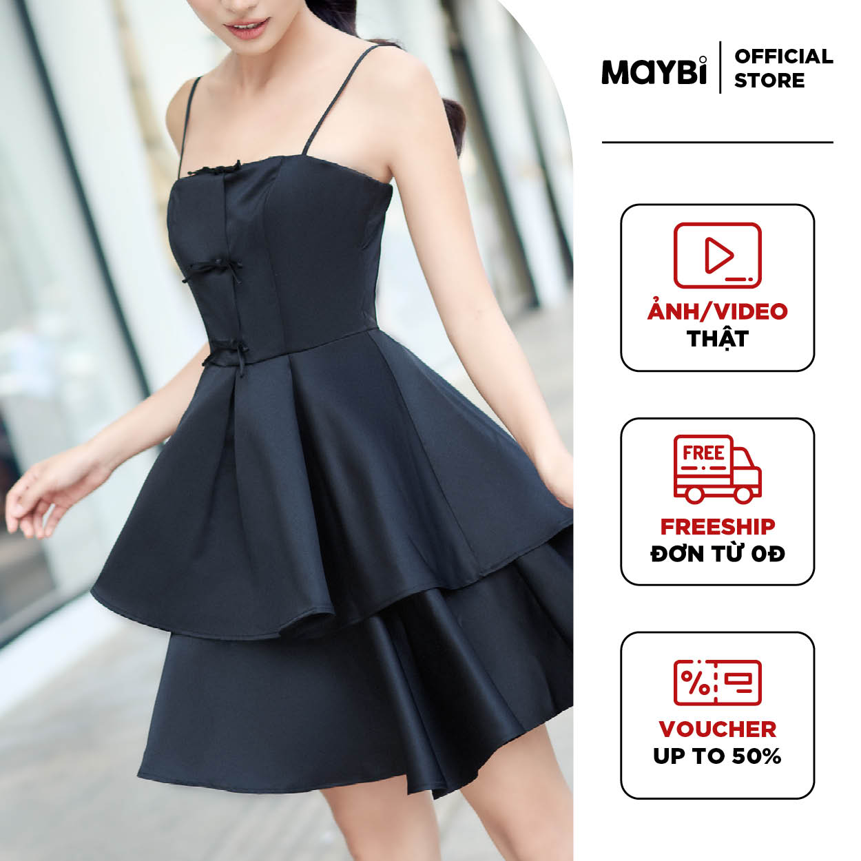 Đầm mini xòe phi tapta phối nơ trang trí Maybi