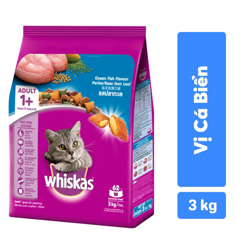 Thức ăn mèo whiskas vị Cá Ngừ, Cá Thu, Cá Biển - Loại 400g, 480g, 1,2kg, 3kg Thơm ngon và giàu dinh dưỡng từ cá tươi