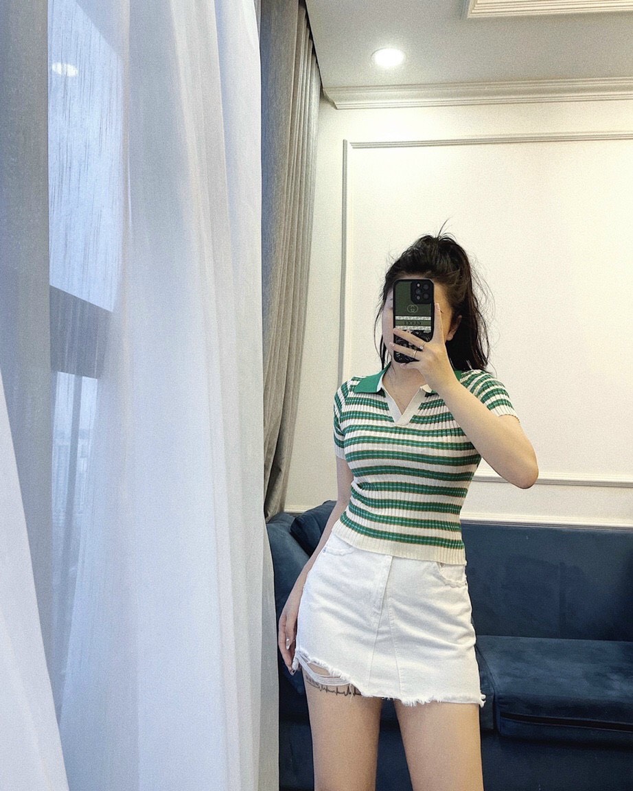 Áo len kẻ xanh QC cổ bẻ cho nữ