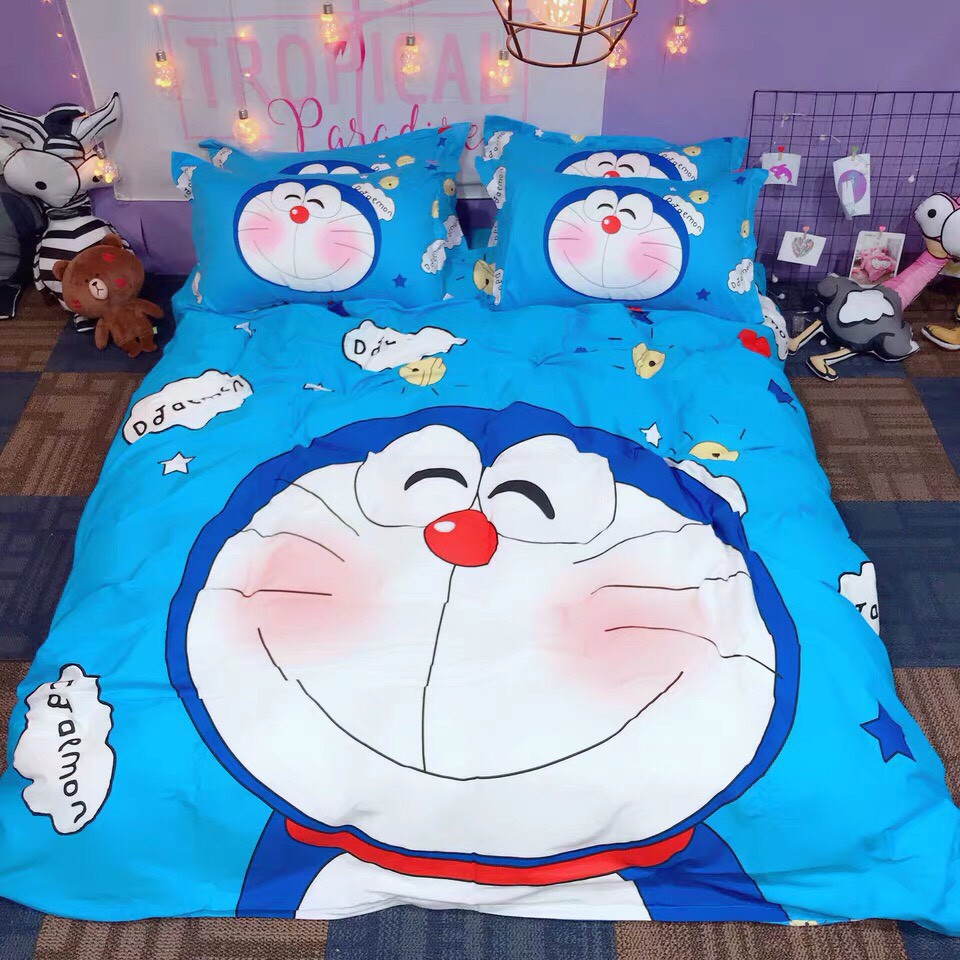 Bộ chăn ga gối cotton tina 3d - doraemon vui vẻ