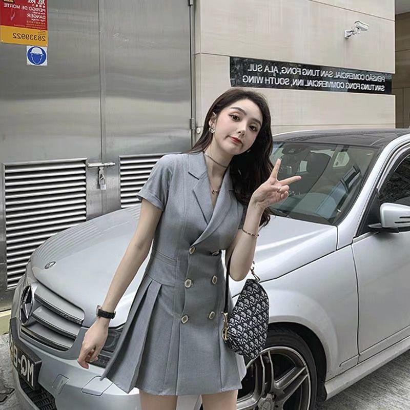 [HCM]Đầm xám cổ vest xếp li (kèm hình thật khách Bo chụp)