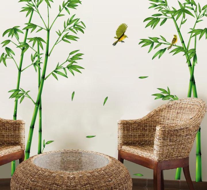 Sticker Tranh Dán Tường, Decal dán tường kết hợp Hoa Sen Hồng và Bụi Tre  AM9104+XL8292