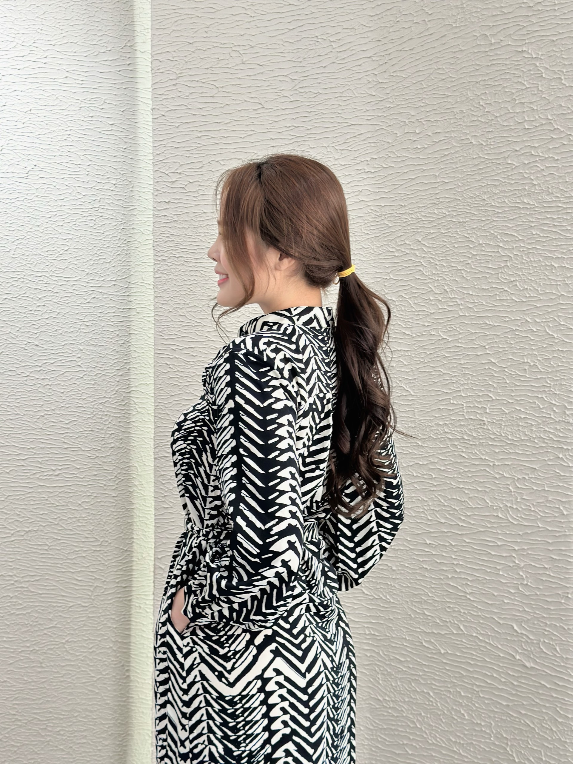 Đầm sơ mi họa tiết cột eo, có túi Misa - MS0259