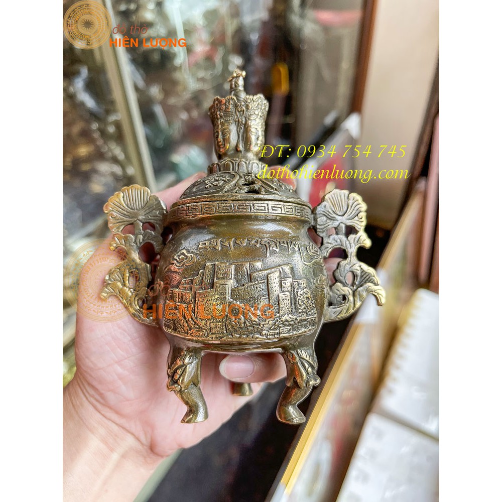 Lư Xông Trầm Phật Tứ Diện Bằng Đồng Cao 15cm MÀu Hun Giả Cổ