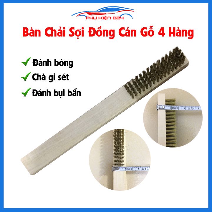 Bàn chải sợi đồng cán gỗ 4 hàng, chổi đánh bóng, gỉ sét, bụi bẩn tiện lợi