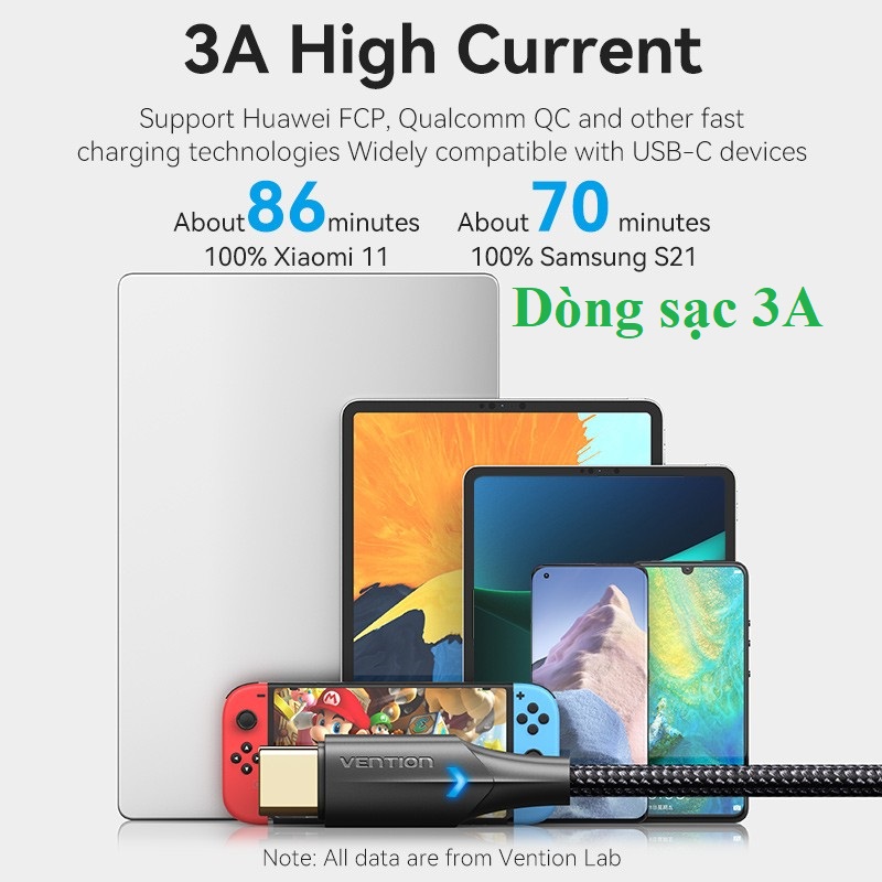 Cáp sạc và dữ liệu USB-Type_C  3A Vetion CTF (25 cm)