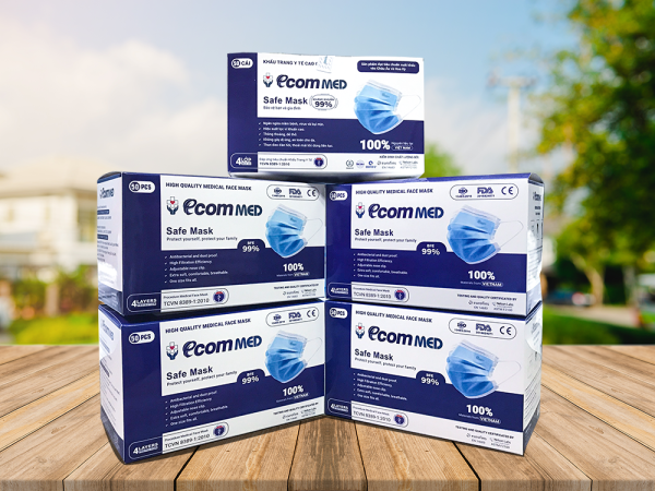 Combo 5 Hộp Khẩu trang Y tế EcomMed 4 lớp kháng khuẩn 99% (Hộp 50 cái)
