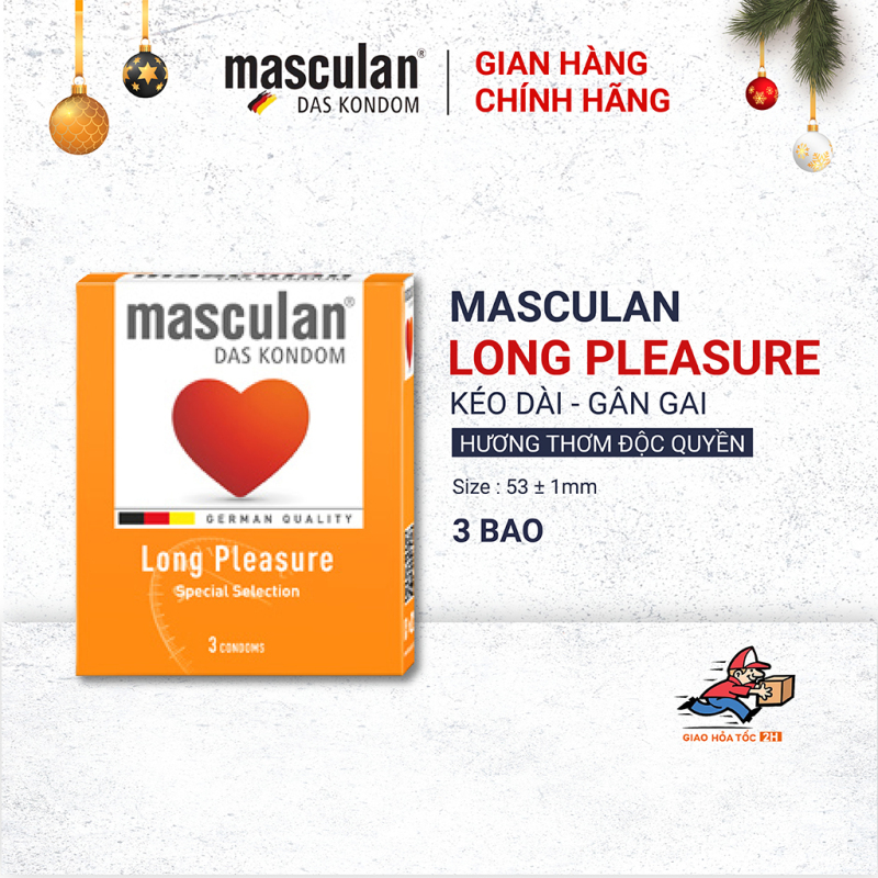 Bao cao su Masculan Long Pleasure kéo dài thời gian - Có gân và chấm hạt liti tăng khoái cảm - Size 52mm - Che tên sản phẩm khi giao hàng nhập khẩu