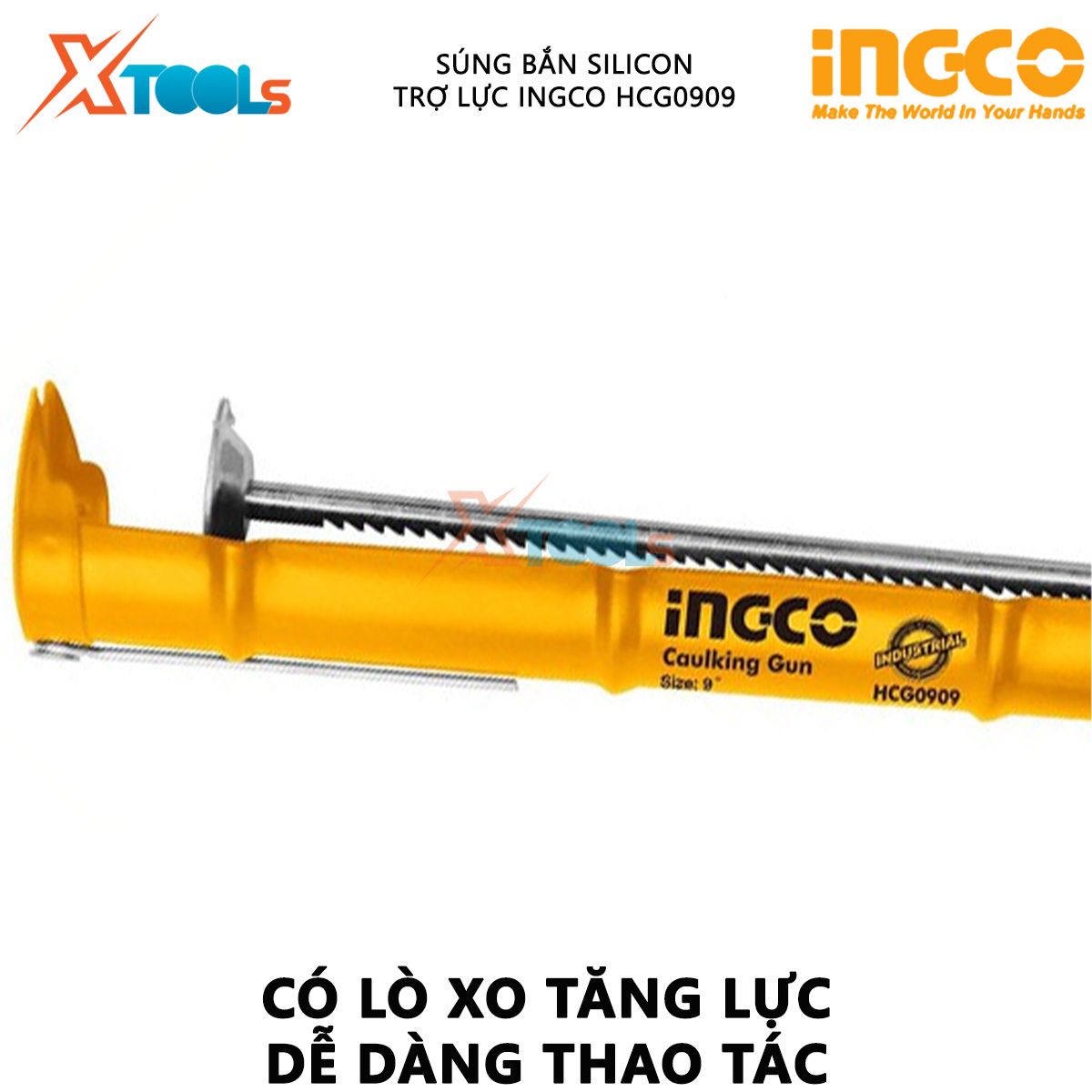 Súng bơm keo silicon có trợ lực INGCO HCG0909 | dụng cụ bơm silicon Kích thước 9" (225mm) Thân nhôm hợp kim XTOOLs