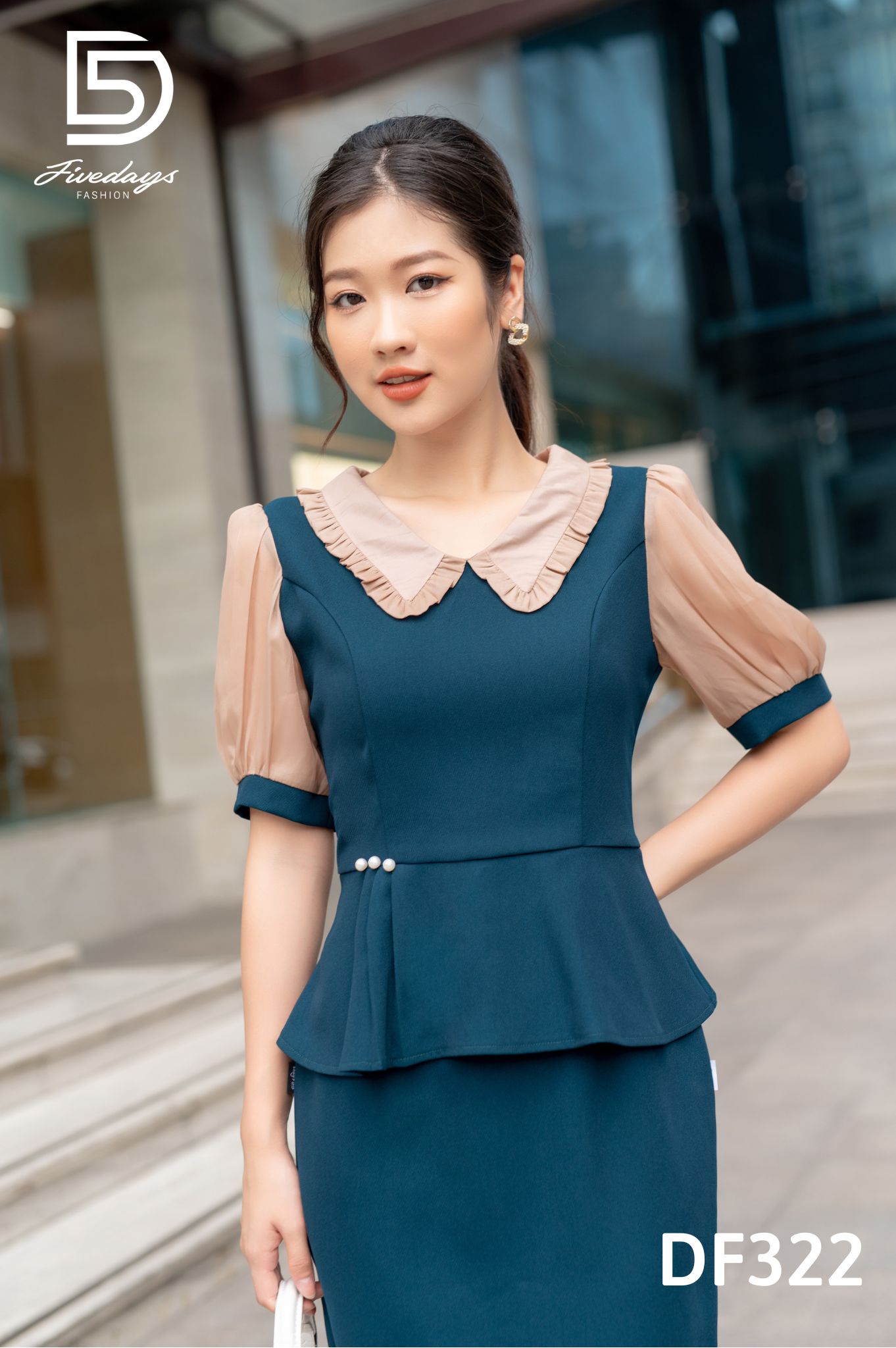 Fivedays - Đầm Peplum cổ sen bèo đính cúc ngọc eo