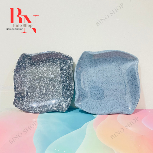 Dĩa Nhựa Vuông Melamine Vân Đá Đen/Xanh