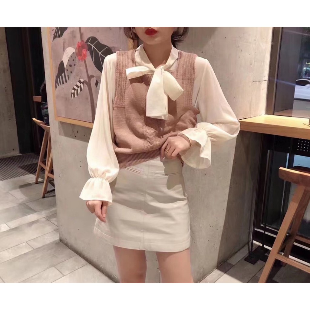 Set uzzang gile len + sơ mi tay loe qc