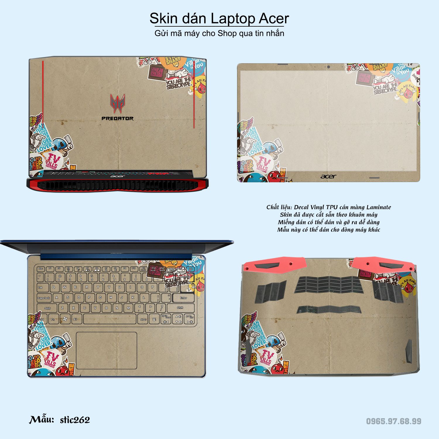 Decal Skin dán Laptop Acer mẫu sticker bomb (inbox mã máy cho shop)