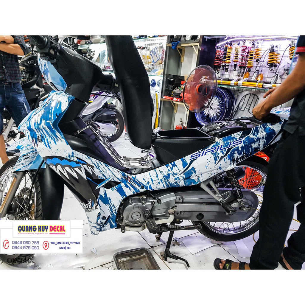 Tem trùm Sirius cá mập xanh trắng shark rc, team trùm sirius đẹp, độ tem sirius, tem dán xe máy sirius, decal sirius, tem trùm sirius rẻ đẹp
