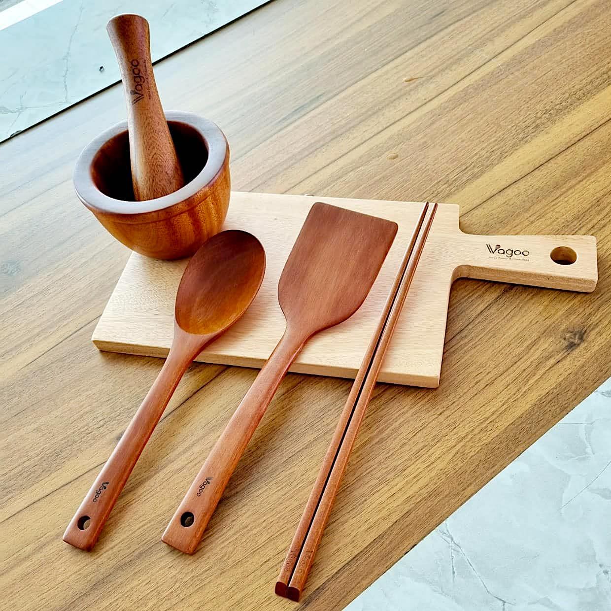 Bộ Dụng Cụ Bếp (Đũa, Sạn, Vá) Bằng Gỗ Nhãn Tự Nhiên - VAGOO - Làm Thủ Công Chống Thấm, Chống Ẩm Mốc, An Toàn Sức Khoẻ