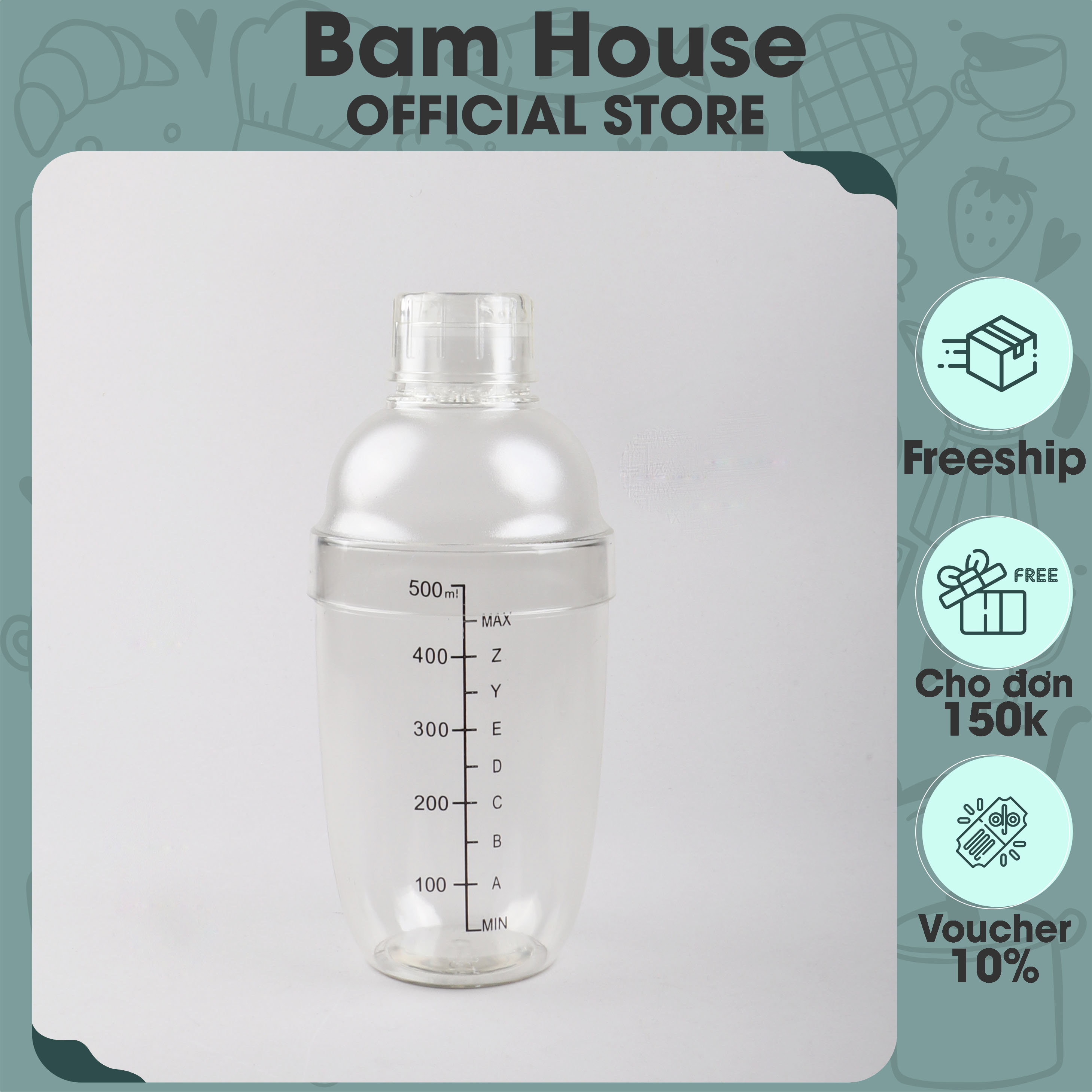 Bình lắc nhựa có vạch đong Bam House pha chế trà sữa và cocktail nhiều loại dung tích cao cấp BLN01 - Gia dụng bếp