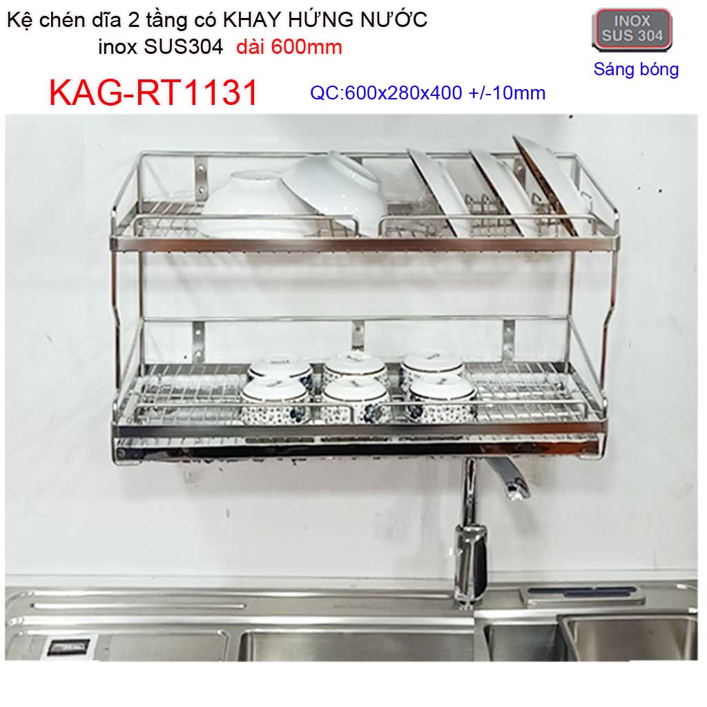[HCM]Kệ đựng chén dĩa có khay hứng nước inox sus304 kệ úp chén 2 tầng dài 60cm inox roca KAG-RT1131