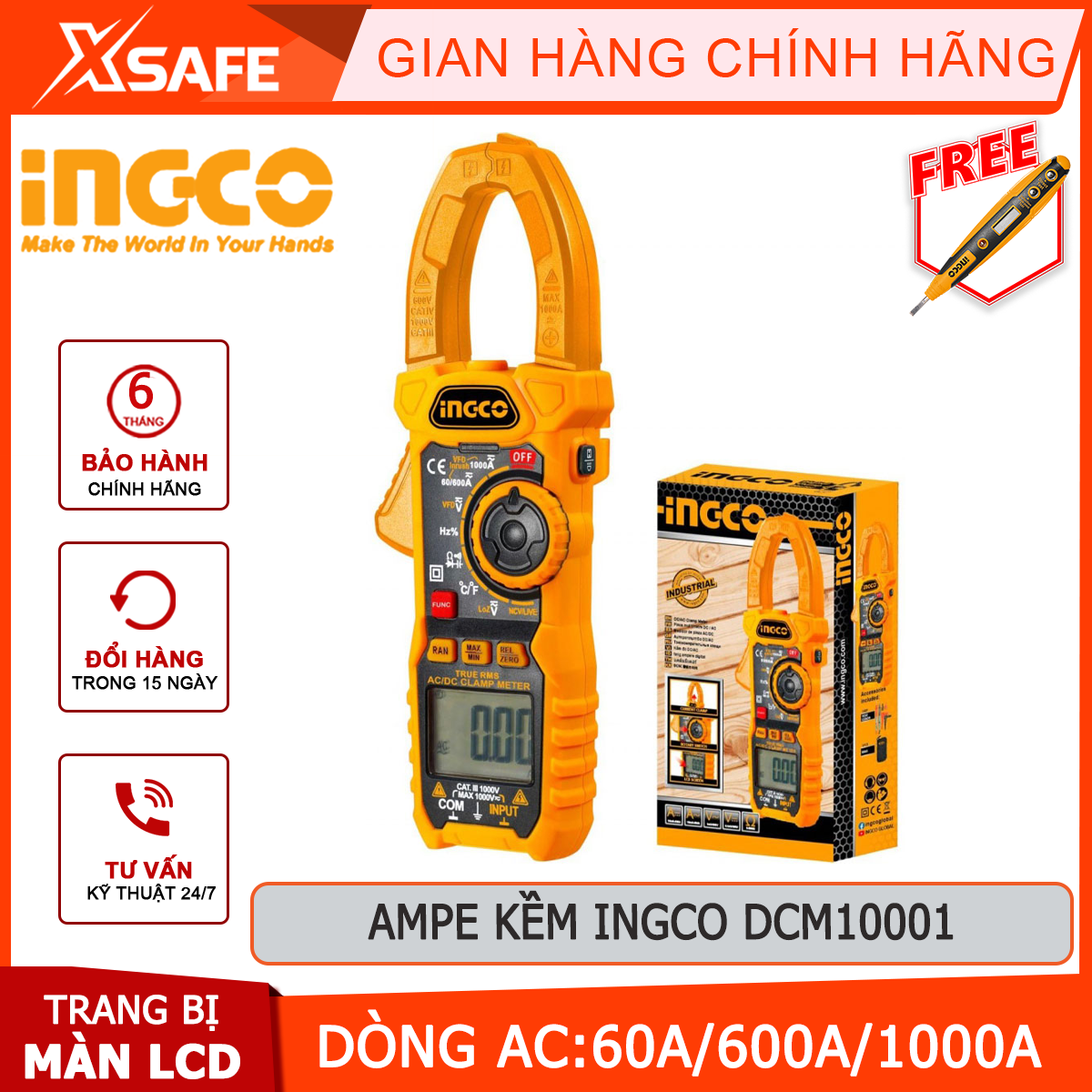 Đồng hồ kẹp ac/dc ingco dcm10004 | ampe kìm kỹ thuật số 6000 đếm, lưu dữ liệu, có đèn nền hiển thị, đèn flash đồng hồ vạn năng đo điện áp, điện trở, tần số
