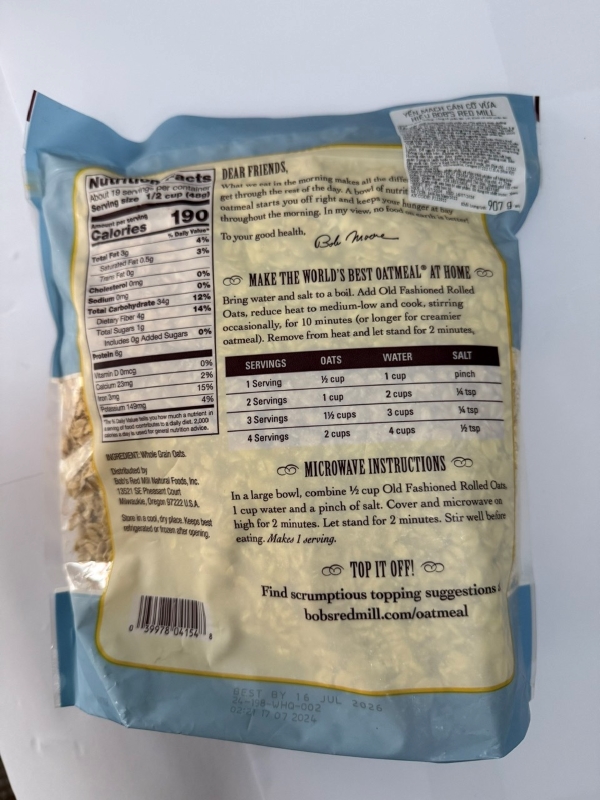 Yến mạch cán cỡ vừa hiệu bob's red mill (907g) nhập khẩu Mỹ