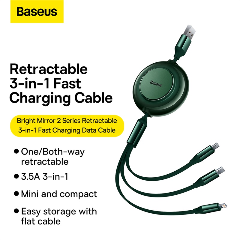 Baseus 3-in-1 Type C USB Cable Retractable Fast Charging Data Cable USB to M+L+C 3.5A 1.1m for iPhone  14 13 12 Pro Huawei Xiaomi Samsung Micro USB C Cord