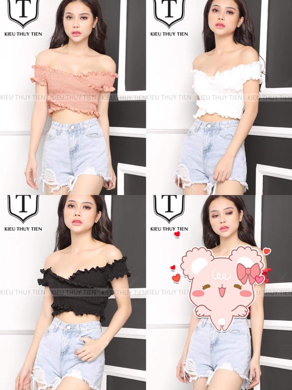 Áo trễ vai voan nhún đắp chéo ôm body croptop siêu gợi cảm