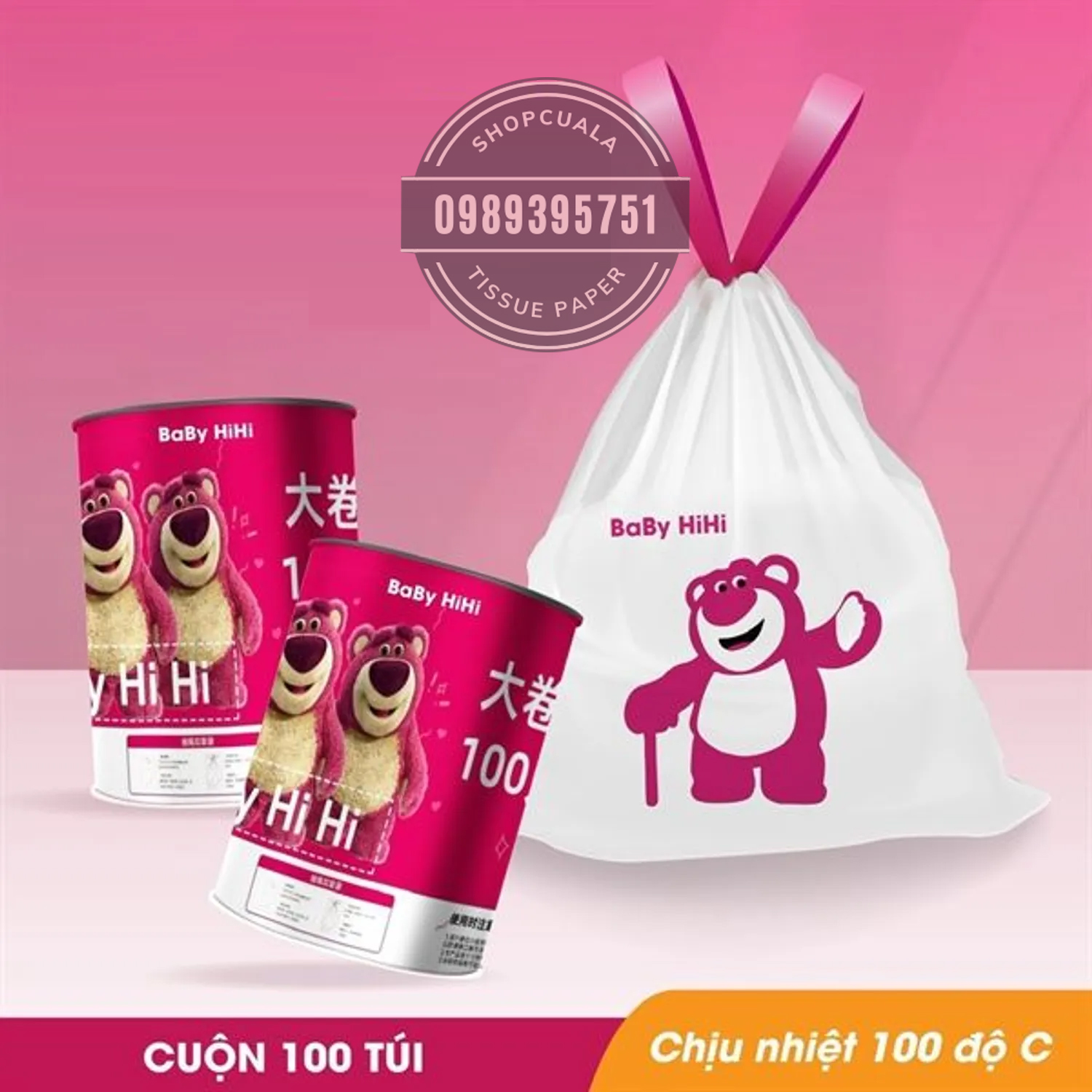 Túi đựng rác gấu dâu - cuộn 100 túi siêu dai
