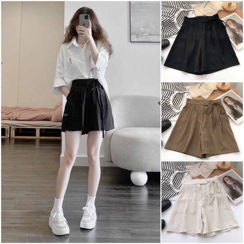 Quần short nữ cạp cao ống rộng thắt dây nơ, quần đùi lửng chất vải ruby xuất hàn