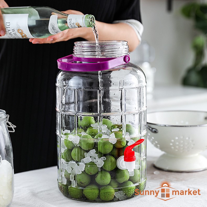 Bình thuỷ tinh ngâm rươu sâm có quai xách có van 8 lít