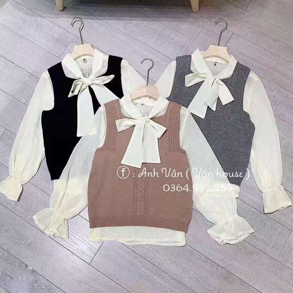 Set uzzang gile len + sơ mi tay loe qc